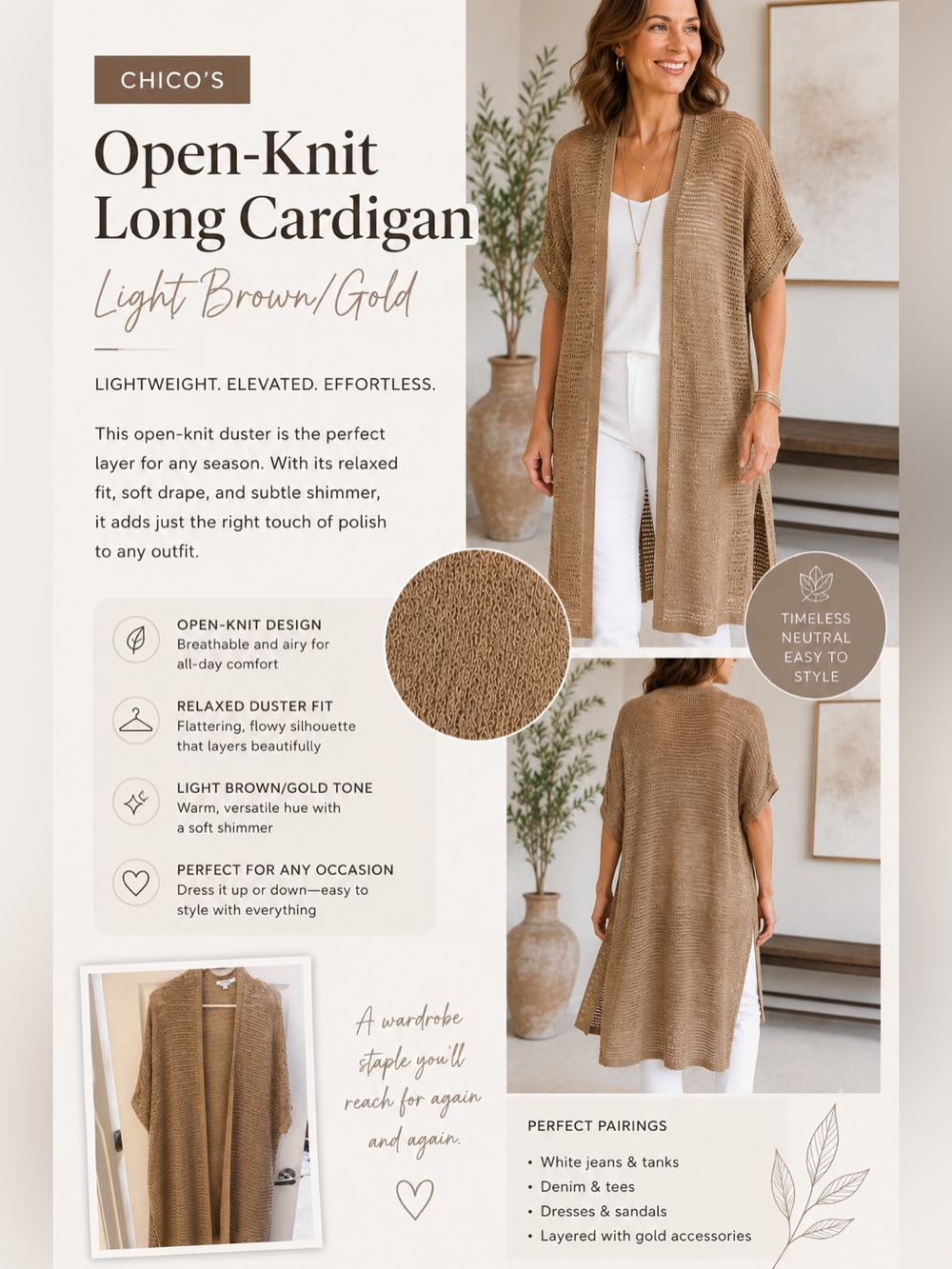 Chico's Open-Knit Long Cardigan in Light Brown/Gold NWOT